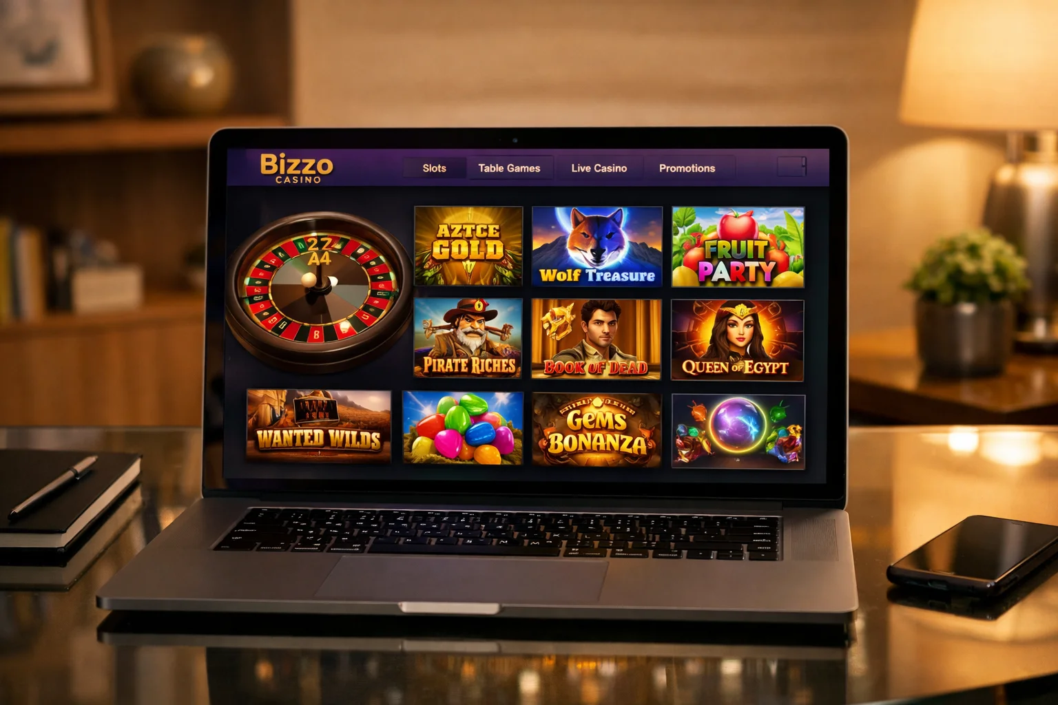 Bizzo Casino Australia platform shown on a smartphone with pokies reels and gold coins