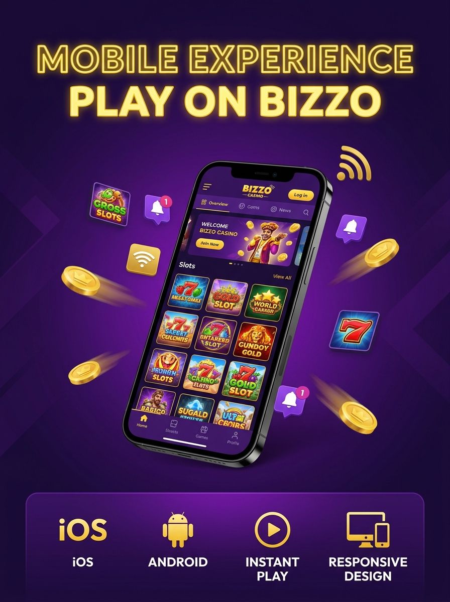 Bizzo Casino mobile lobby on Android and iOS smartphones with pokies thumbnails